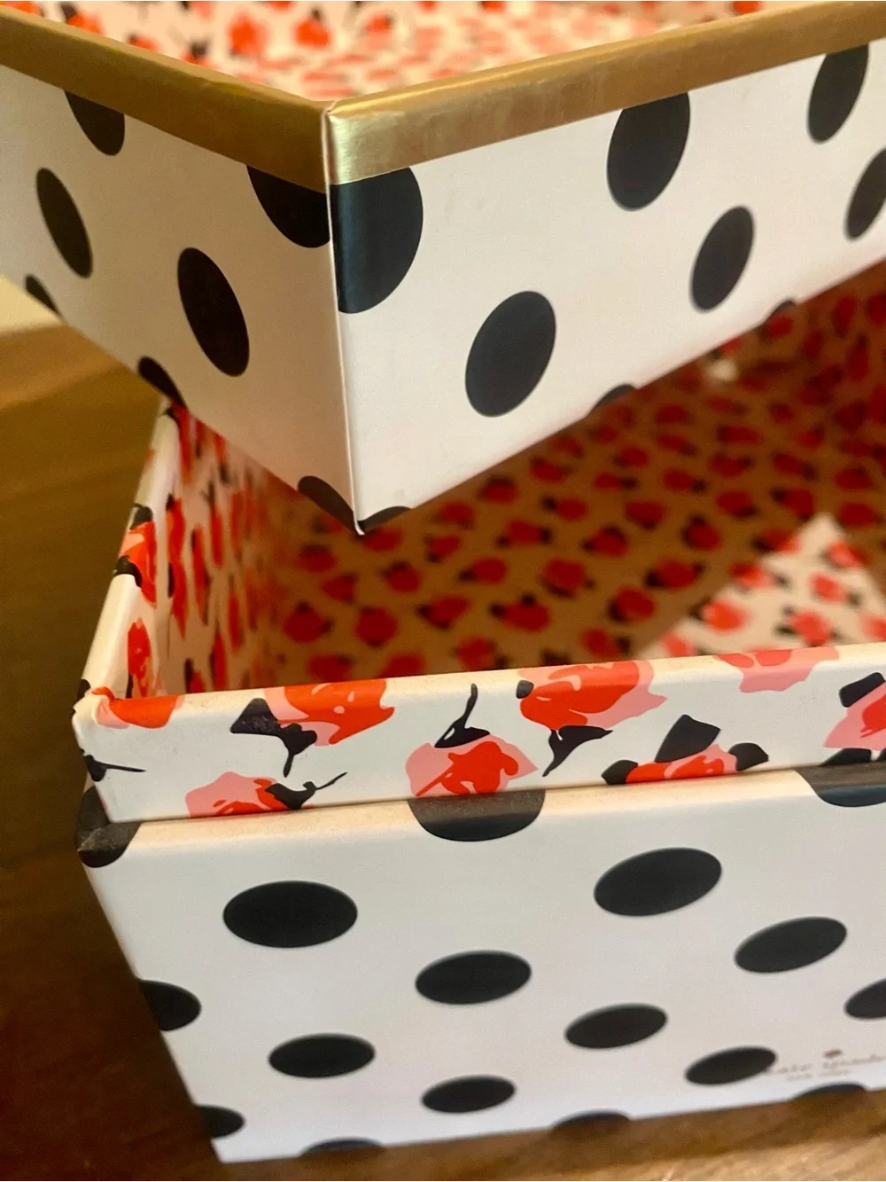 Kate Spade Black & White Polka Dot Nesting Storage Box, Gold Trim, Floral Inside